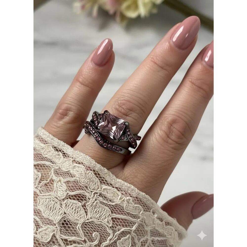 Gunmetal Pink Crystal Ring Set Size 5.5 2-Piece Bridal Style Emerald Cut Jewelry